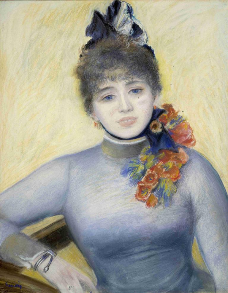 Caroline Rémy,Pierre-Auguste Renoir,Oil Painting,Oil Painting, 1girl, solo, jewelry, blue eyes, mole