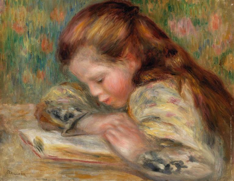 Child Reading (Enfant lisant),Pierre-Auguste Renoir,Oil Painting,Oil Painting, 1girl, solo, long hair