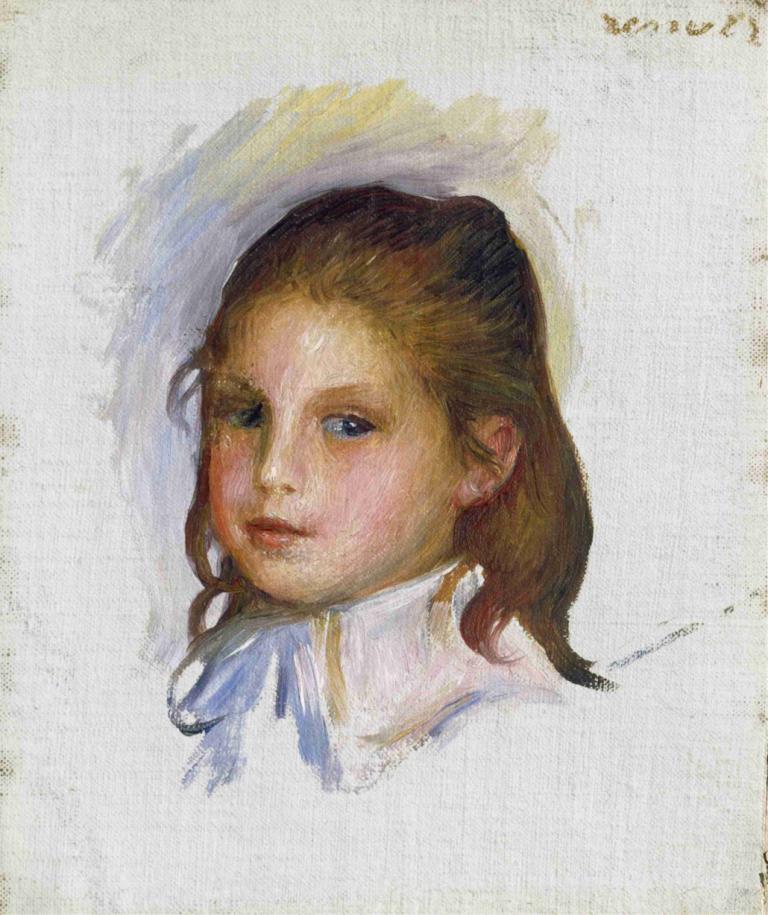 Child with Brown Hair,Pierre-Auguste Renoir,Oil Painting,Oil Painting, solo, 1girl, brown hair, blue eyes