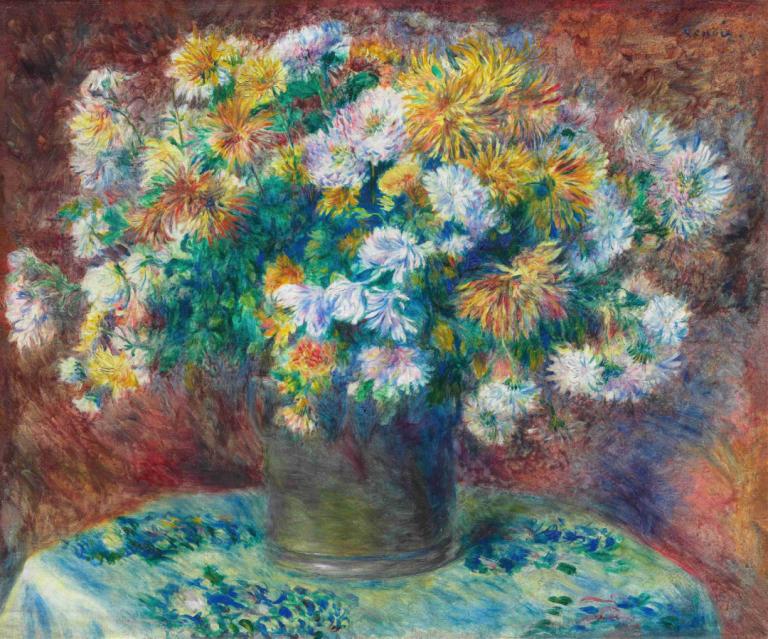 Chrysanthemums,Pierre-Auguste Renoir,Oil Painting,Oil Painting, flower, no humans, traditional media, plant