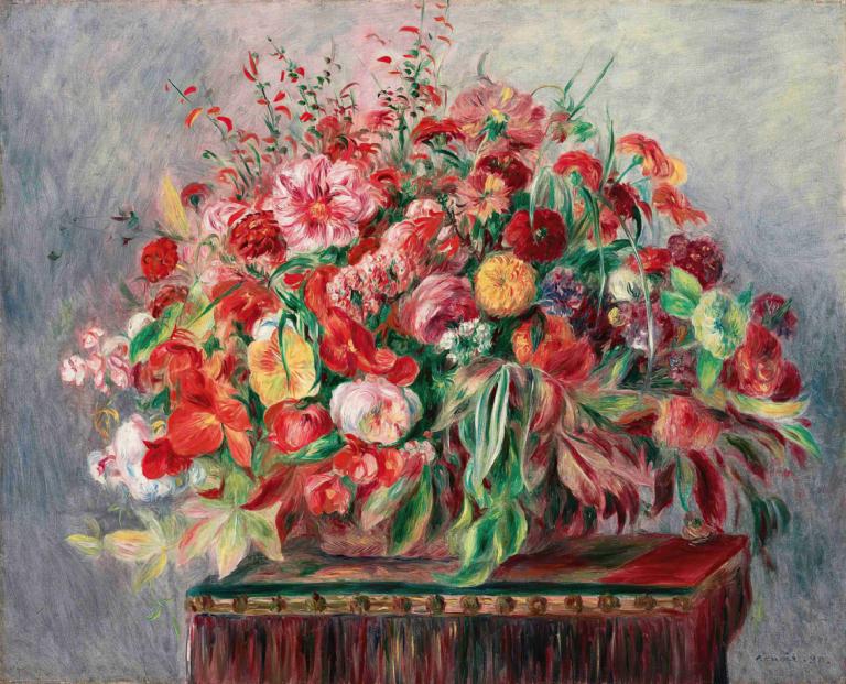 Corbeille de fleurs,Pierre-Auguste Renoir,Oil Painting,Oil Painting, flower, red flower, leaf, white hair