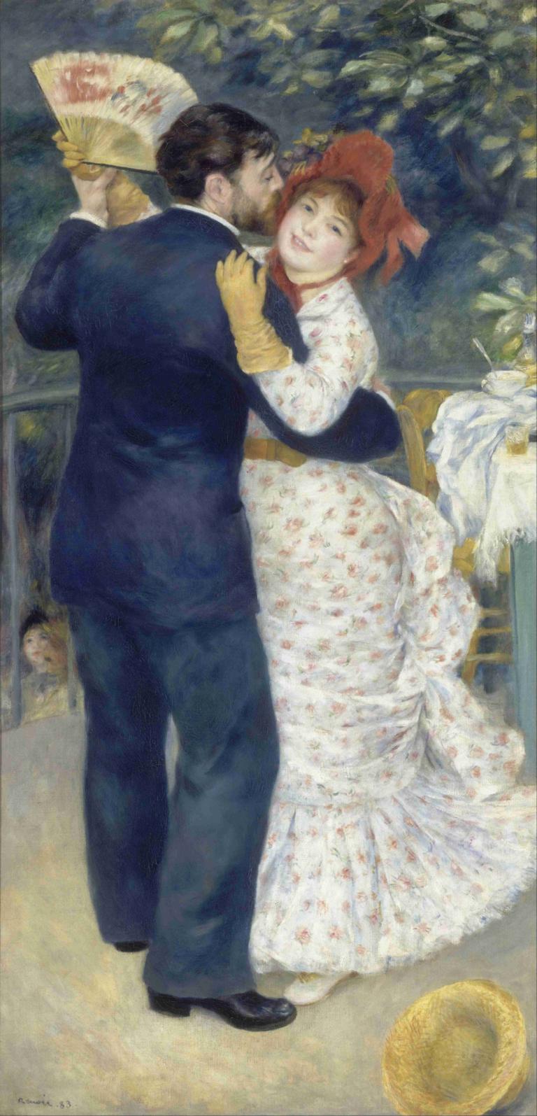 Country Dance,Country tanec,Pierre-Auguste Renoir,Olejomalba,Olejomalba, šaty, 1 dívka, ruční ventilátor