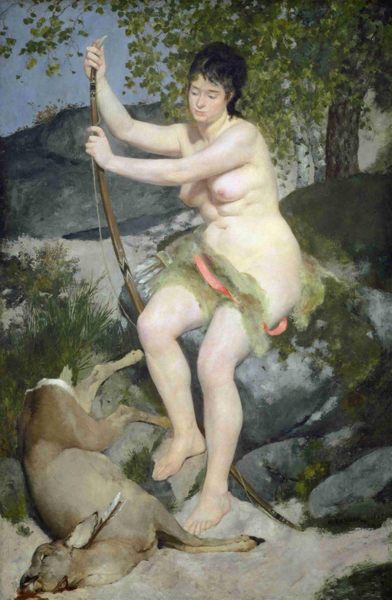 Diana,Pierre-Auguste Renoir,Pintura al óleo,Pintura al óleo, 1 chica, arma, arco (arma), senos