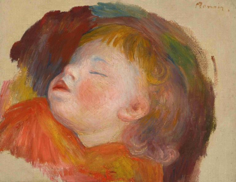 Enfant Endormi,Pierre-Auguste Renoir,Oil Painting,Oil Painting, solo, closed eyes, portrait, male focus