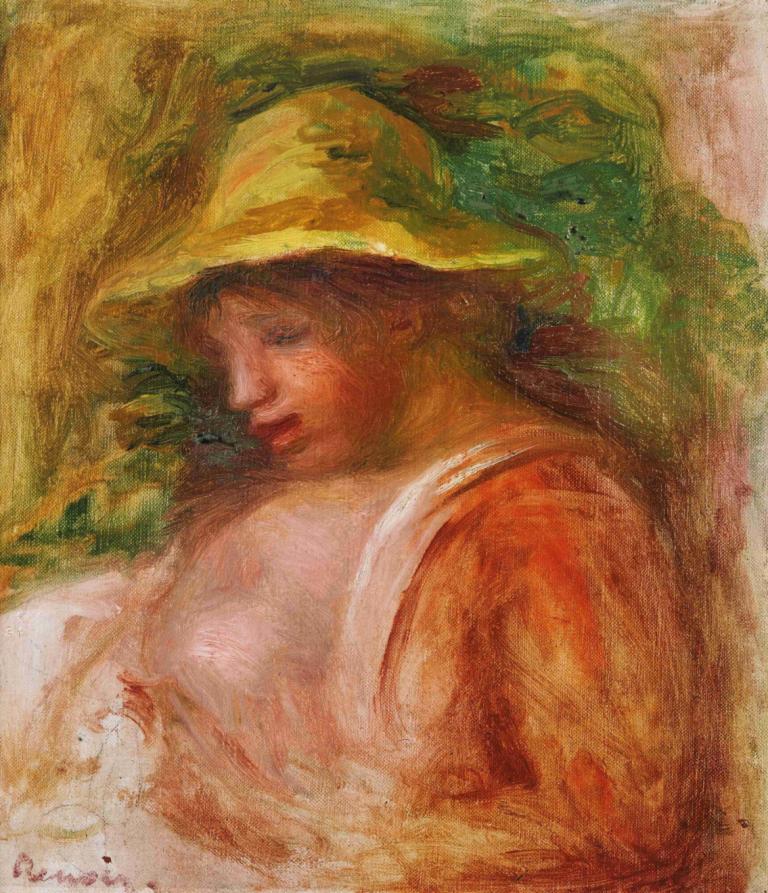 Femme Au Chapeau,Kvinne i hatt,Pierre-Auguste Renoir,Oljemaleri,Oljemaleri, 1 gutt, solo, hatt, mannlig fokus