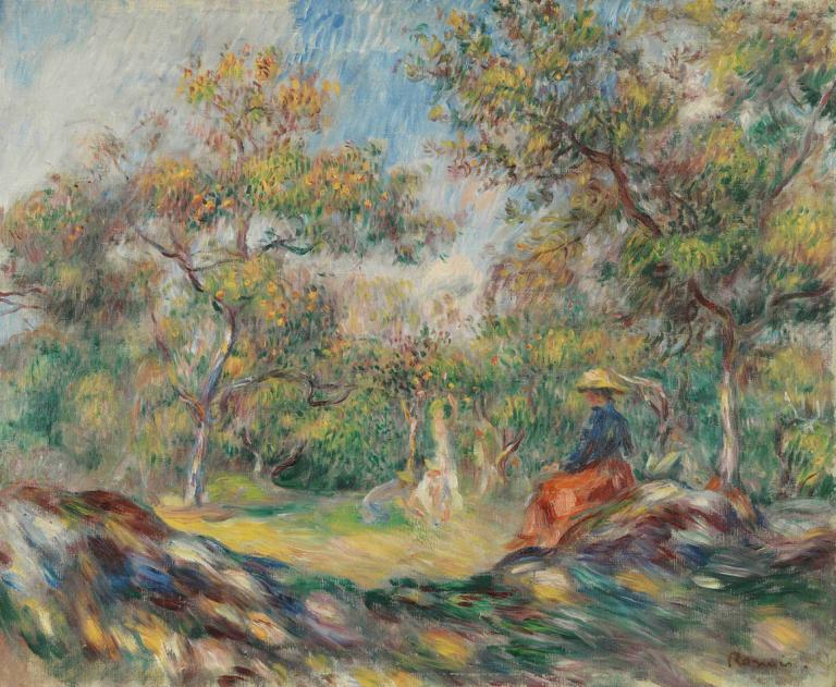 Femme Dans Un Paysage,Vrouw in een landschap,Pierre-Auguste Renoir,Olieverf,Olieverf, boom, buitenshuis