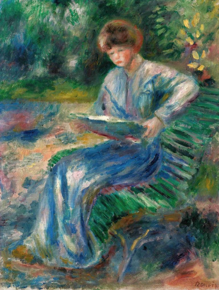 Femme Lisant Sur Un Banc,Kvinde læser på en bænk,Pierre-Auguste Renoir,Oliemaleri,Oliemaleri, solo, siddende