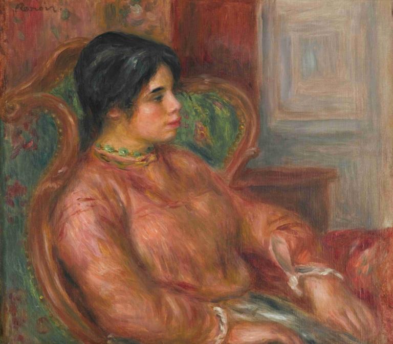 Femme au Fauteuil Vert,Pierre-Auguste Renoir,Oil Painting,Oil Painting, solo, realistic, black hair