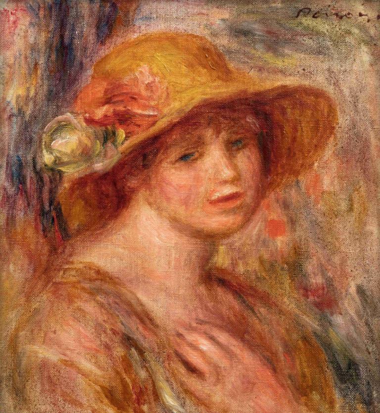 Femme au chapeau de paille,Wanita dengan topi jerami,Pierre-Auguste Renoir,Lukisan cat minyak