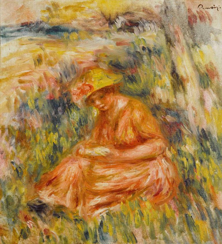 Femme lisant dans un paysage,Pierre-Auguste Renoir,Oil Painting,Oil Painting, solo, faux traditional media