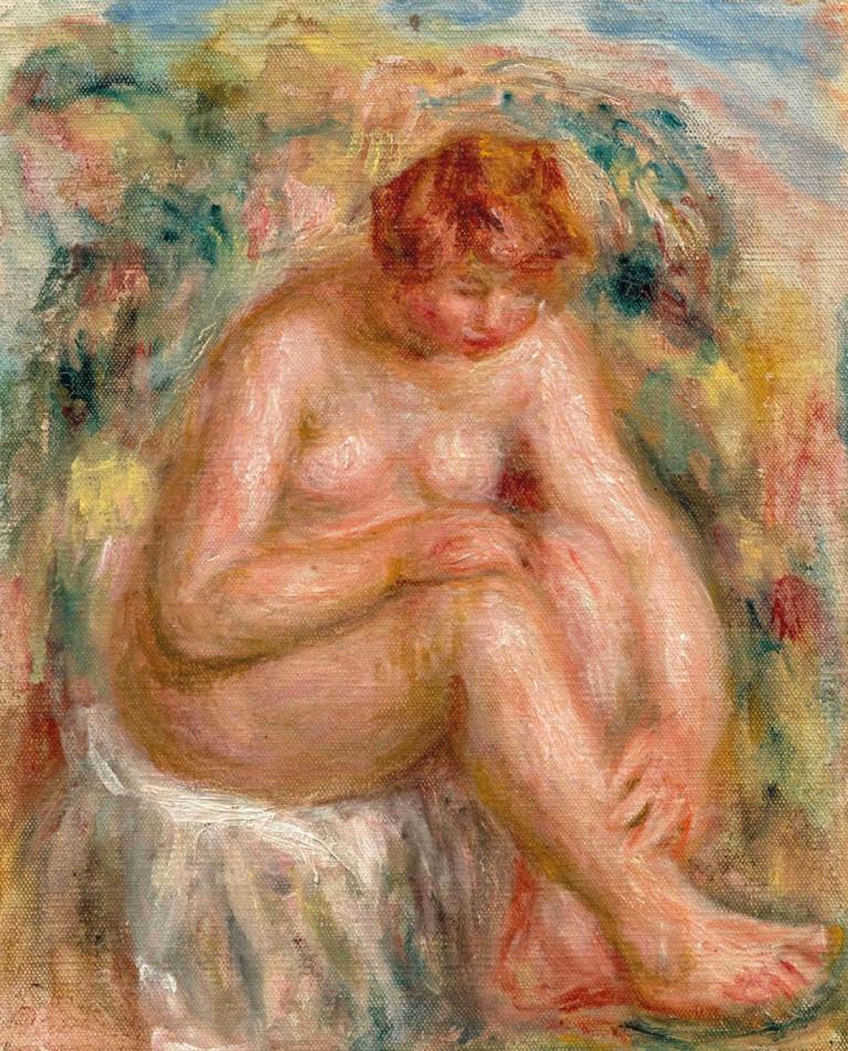 Femme nue assise vue de trois-quarts (Baigneuse),女性(白尼烏斯),Pierre-Auguste Renoir,皮埃爾-奧古斯特·雷諾阿,油畫,油畫, 獨奏, 美術模仿