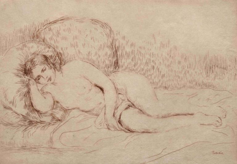 Femme nue couchée,Liggende naakte vrouw,Pierre-Auguste Renoir,Schetsen,Schetsen, 1meisje, solo, monochroom