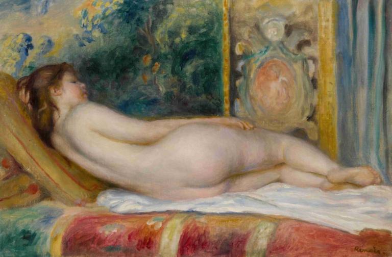 Femme nue couchée,女式沙發,Pierre-Auguste Renoir,皮埃爾-奧古斯特·雷諾阿,油畫,油畫, 美術模仿, 1個女孩, 裸體, 獨奏, 屁股, 一邊, 說謊, 棕色的頭髮, 假傳統媒體