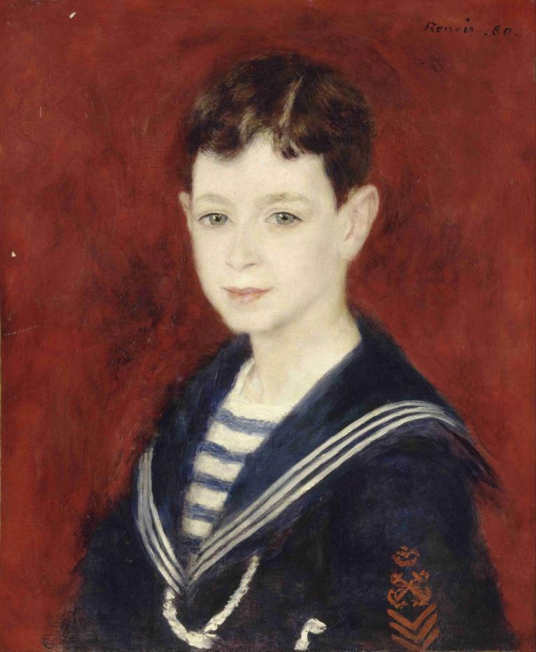 Fernand Halphen as a Boy,費爾南多·哈爾芬的童年,Pierre-Auguste Renoir,皮埃爾-奧古斯特·雷諾阿,油畫,油畫, 獨奏, 1個女孩, 襯衫, 有條紋的, 傳統媒體, 條紋襯衫