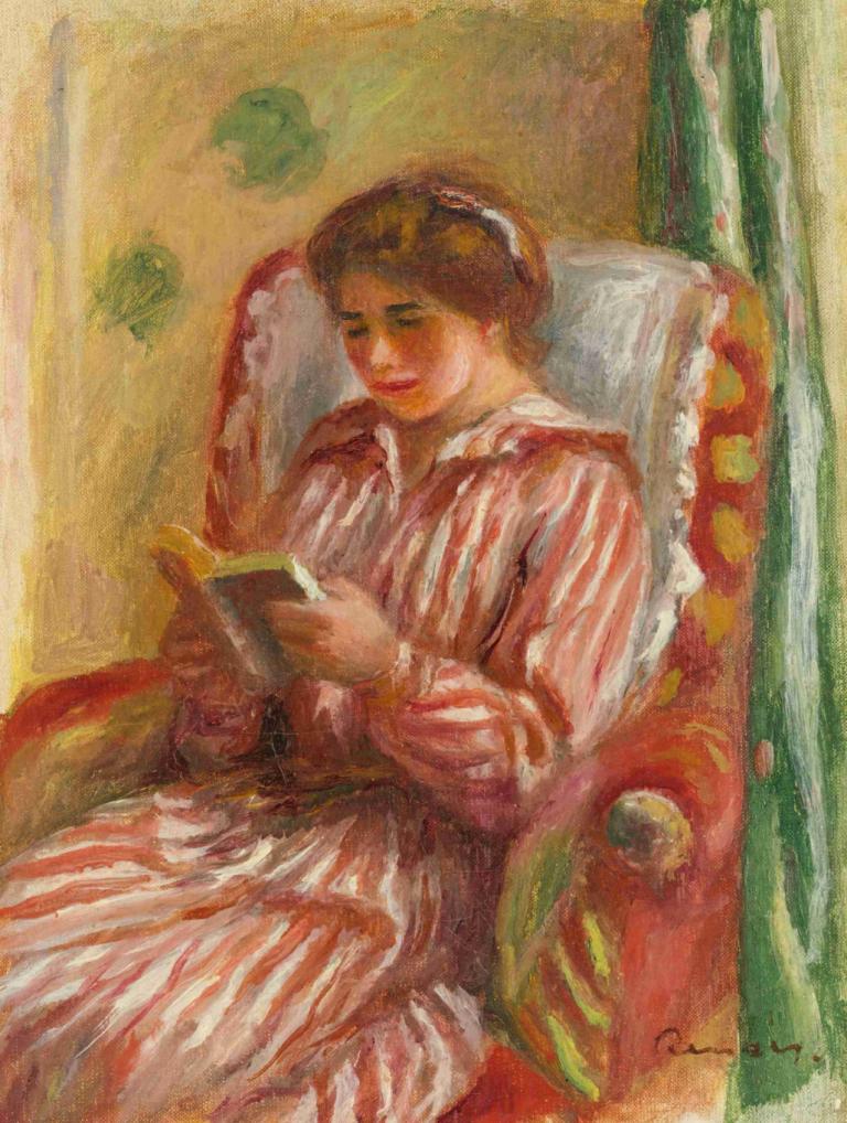 Gabrielle Lisant,Pierre-Auguste Renoir,Oil Painting,Oil Painting, 1girl, solo, book, reading, brown hair