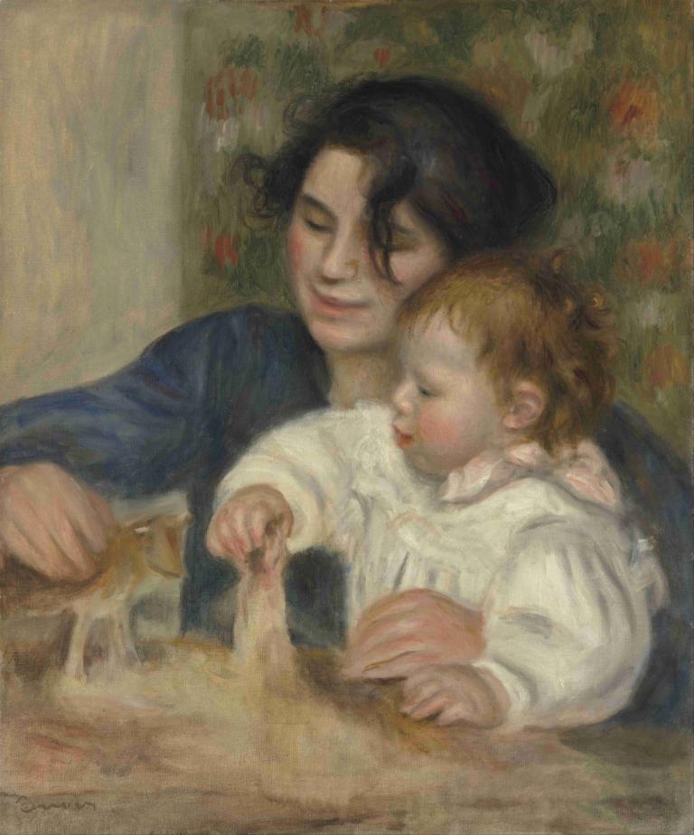 Gabrielle and Jean,加布裡埃爾和珍,Pierre-Auguste Renoir,皮埃爾-奧古斯特·雷諾阿,油畫,油畫, 美術模仿, 黑髮, 孩子, 金髮, 1個女孩, 閉著眼睛, 嬰兒, 1男孩