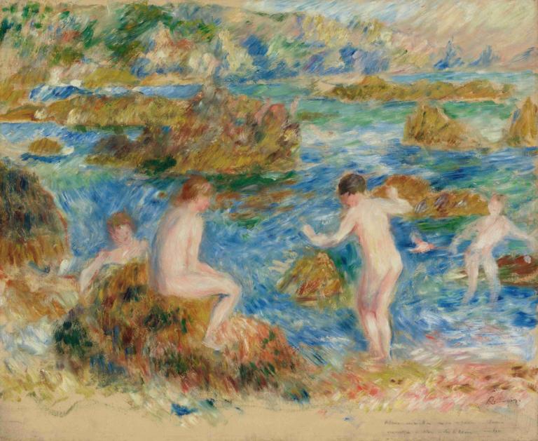 Garçons Nus Dans Les Rochers À Guernsey,Nøgne drenge i klipperne på Guernsey,Pierre-Auguste Renoir,Oliemaleri