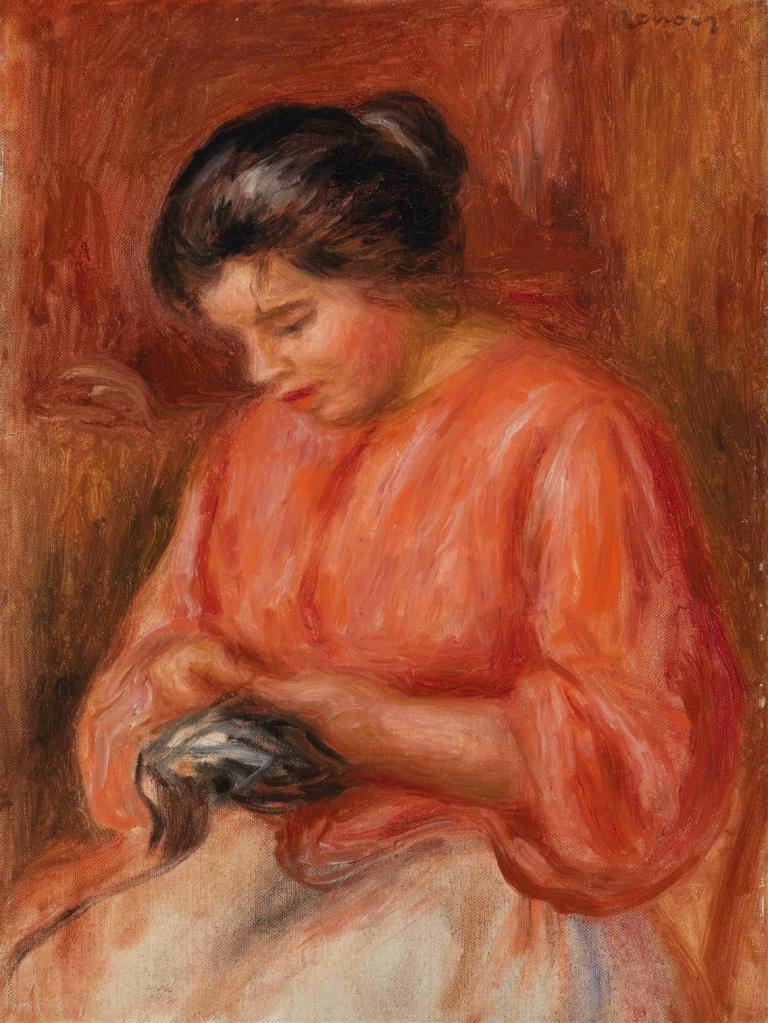 Girl Darning (Femme reprisant),Dívka Darning,Pierre-Auguste Renoir,Olejomalba,Olejomalba, 1 dívka