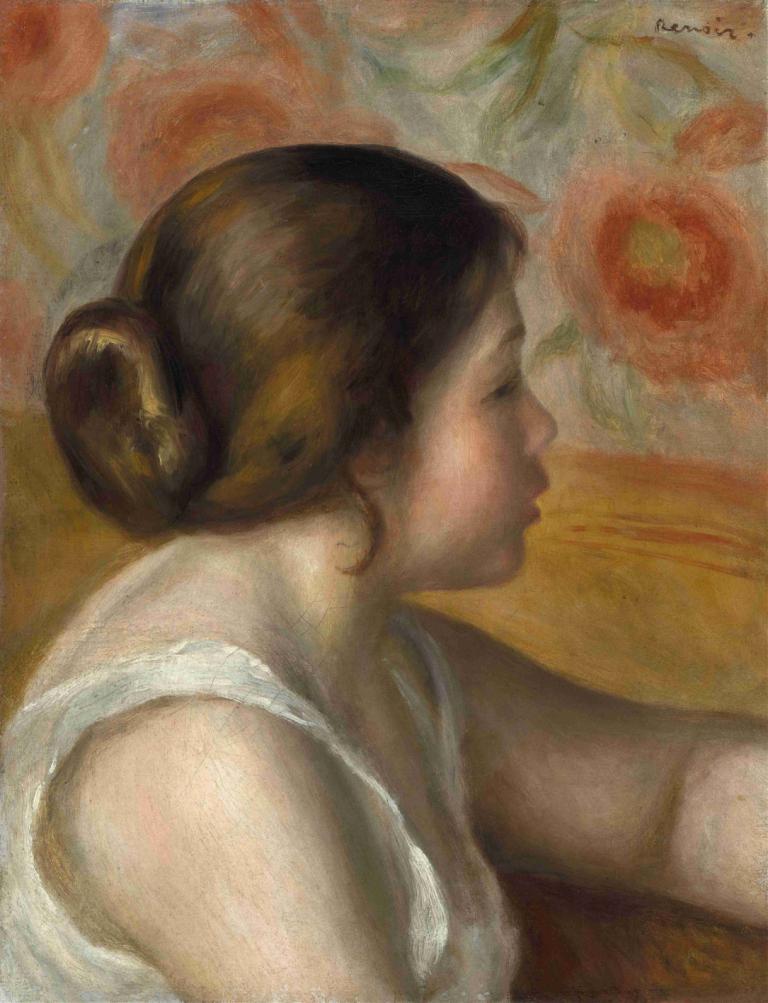 Head of a Young Girl,Hlava mladé dívky,Pierre-Auguste Renoir,Olejomalba,Olejomalba, 1 dívka, sólo, drdol