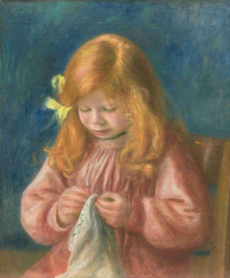 Jean Renoir Sewing,Šití Jean Renoir,Pierre-Auguste Renoir,Olejomalba,Olejomalba, 1 dívka, sólo, zavřené oči