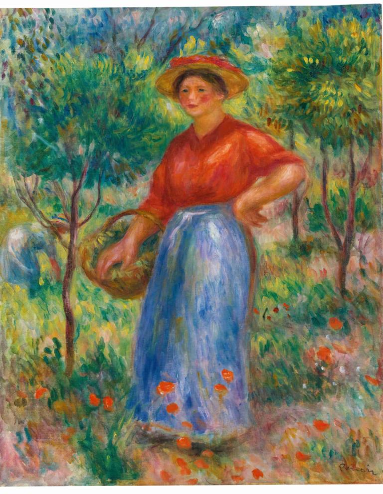 Jeune Fille Au Panier,Pierre-Auguste Renoir,Peinture à l'huile,Peinture à l'huile, chapeau, panier, chemise