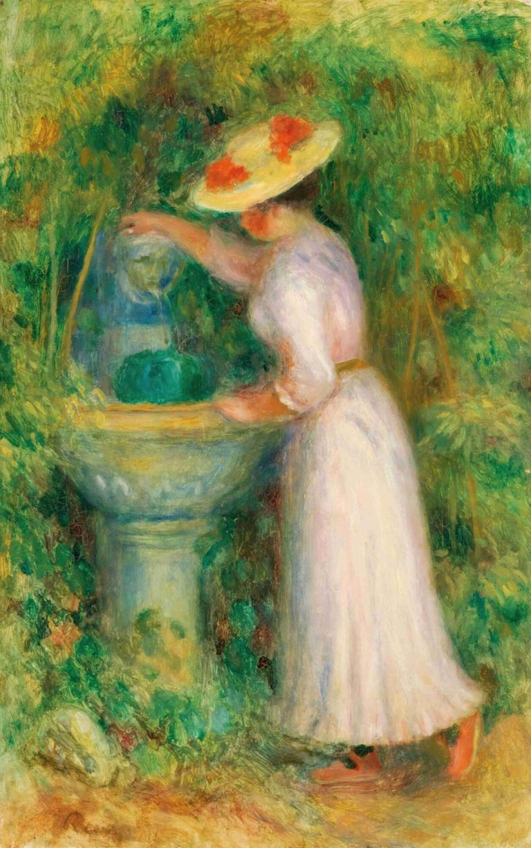 Jeune Fille Près D'une Fontaine,Pierre-Auguste Renoir,Peinture à l'huile,Peinture à l'huile, 1fille, robe