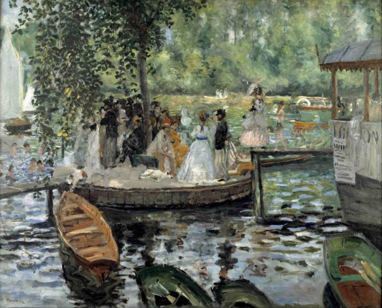 La Grenouillère,Pierre-Auguste Renoir,Oljemålning,Oljemålning, flera tjejer, båt, vattenskotrar, klänning