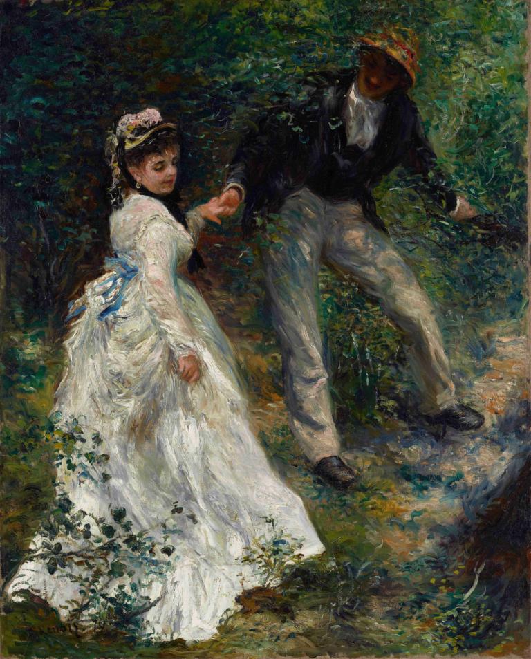 La Promenade,라 프로메나드,Pierre-Auguste Renoir,피에르 오귀스트 르누아르,오일 페인팅,오일 페인팅, 여자 1명, 드레스, 1남, 하얀 드레스, 모자, 미술 패러디