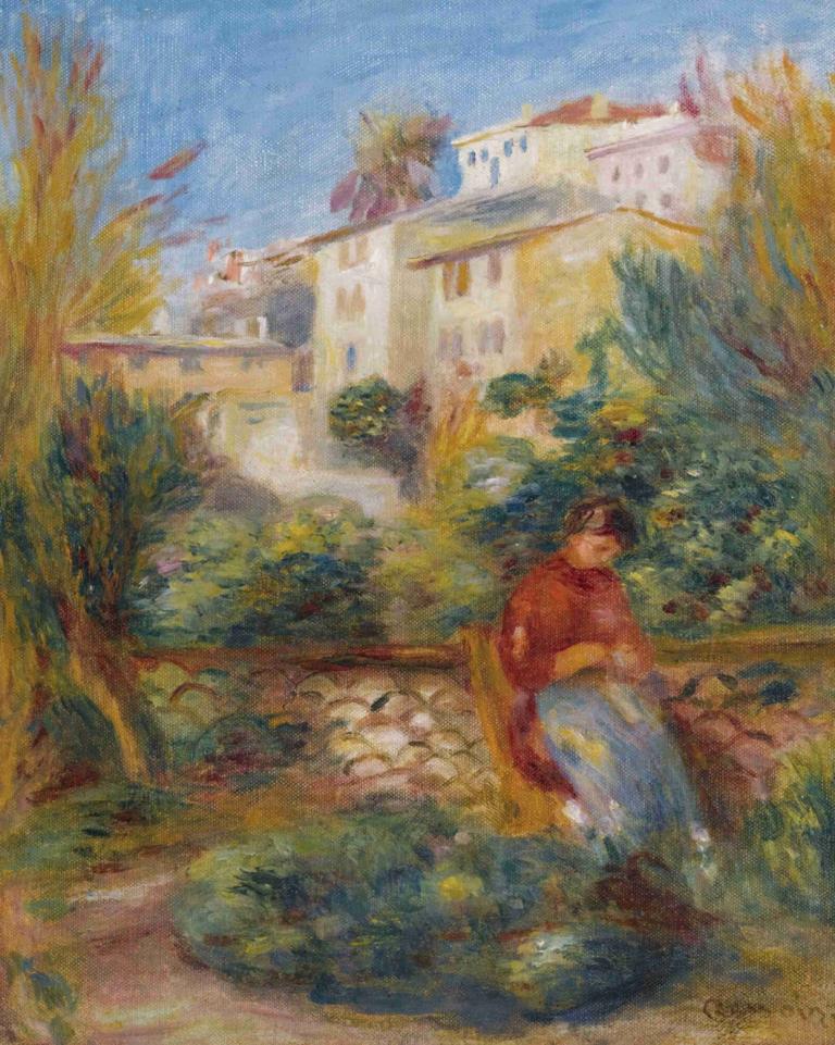 La Terrasse À Cagnes,라 테라스 아 카녜스,Pierre-Auguste Renoir,피에르 오귀스트 르누아르,오일 페인팅,오일 페인팅, 여자 1명, 나무, 독주, 옥외, 전통 미디어