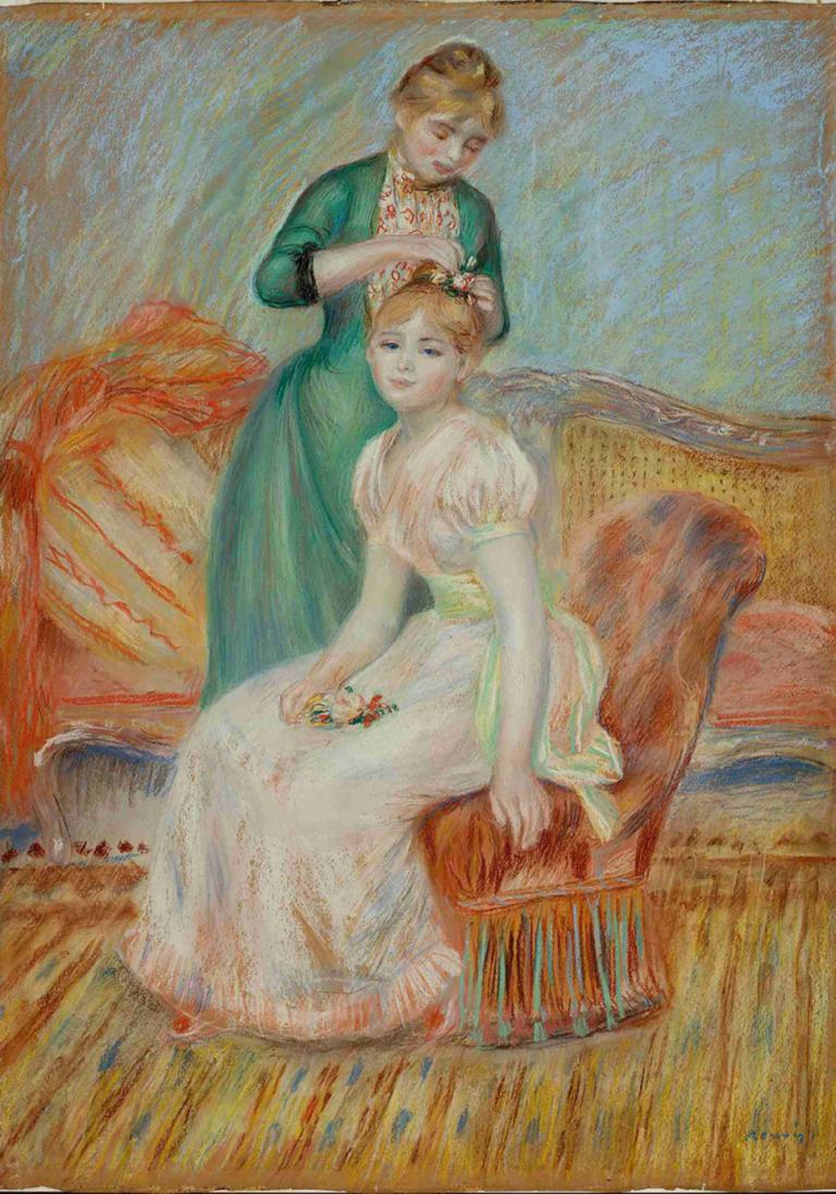 La Toilette,화장실,Pierre-Auguste Renoir,피에르 오귀스트 르누아르,오일 페인팅,오일 페인팅, 드레스, 여자 2명, 여러 여자, 블론드 헤어, 좌석, 파란 눈