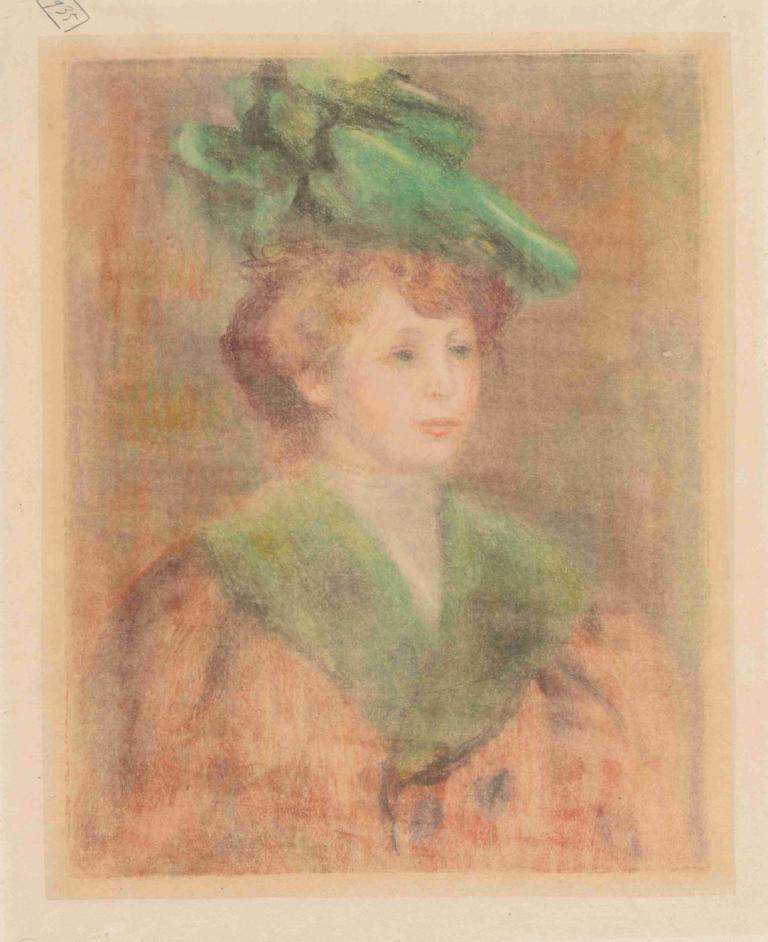 Lady With Green Hat,녹색 모자를 쓴 여인,Pierre-Auguste Renoir,피에르 오귀스트 르누아르,오일 페인팅,오일 페인팅, 독주, 여자 1명, 갈색 머리, 모자, 상체