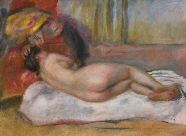 Le Repos,Pierre-Auguste Renoir,피에르 오귀스트 르누아르,오일 페인팅,오일 페인팅, 나체상, 여자 1명, 전통 미디어, 감긴 눈, 베개, 흑발, 옆에, 거짓말하는, 나귀