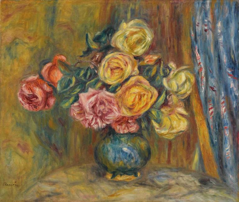 Les Roses Au Rideau Bleu,레 로즈 오 리도 블루,Pierre-Auguste Renoir,피에르 오귀스트 르누아르,오일 페인팅,오일 페인팅, 꽃, 인간은 없어, 장미