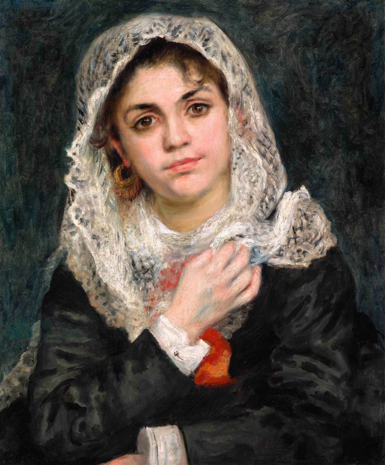 Lise in a White Shawl,하얀 목도리를 두른 리즈,Pierre-Auguste Renoir,피에르 오귀스트 르누아르,오일 페인팅,오일 페인팅, 독주, 갈색 머리, 보석류, 귀걸이