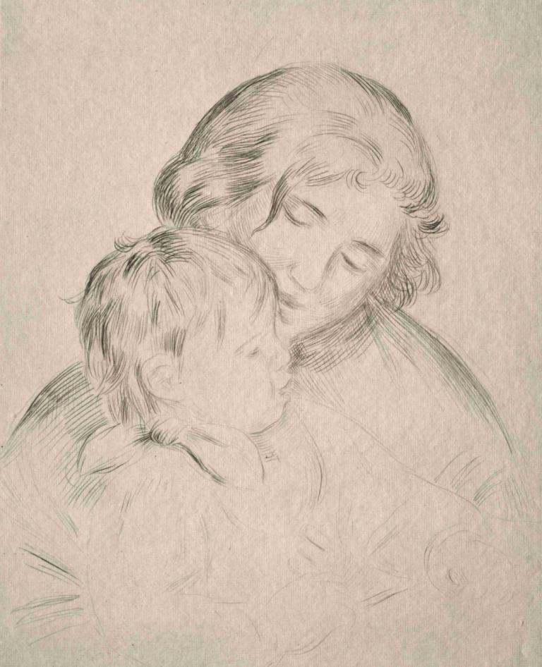 Mother and Child,Mama și copilul,Pierre-Auguste Renoir,Schiță,Schiță, monocrom, ochi inchisi, schiță, copil