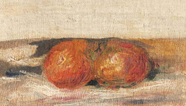 Nature morte (Deux pommes),Pierre-Auguste Renoir,Oil Painting,Oil Painting, food, no humans, solo, food focus