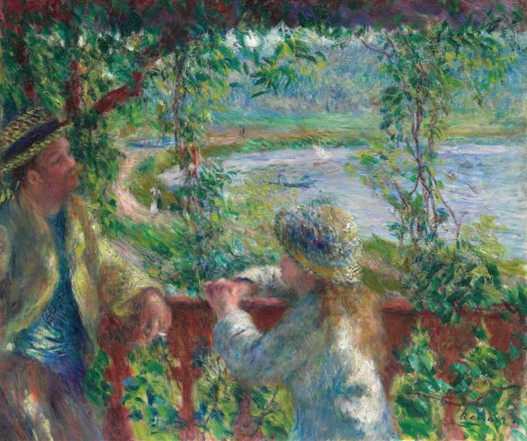 Near the Lake,호수 근처,Pierre-Auguste Renoir,피에르 오귀스트 르누아르,오일 페인팅,오일 페인팅, 모자, 전통 미디어, 옥외, 회화 (중), 나무, 밀짚 모자, 경치