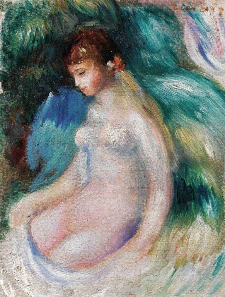 Nu Assis,누 아시시,Pierre-Auguste Renoir,피에르 오귀스트 르누아르,오일 페인팅,오일 페인팅, 여자 1명, 갈색 머리, 보석류, 귀걸이, 독주, 감긴 눈, 전통 미디어