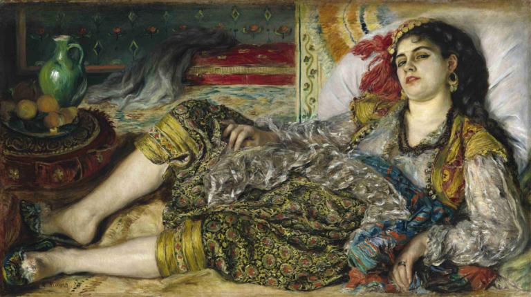 Odalisque,오달리스크,Pierre-Auguste Renoir,피에르 오귀스트 르누아르,오일 페인팅,오일 페인팅, 여자 1명, 보석류, 흑발, 독주, 귀걸이, 반지, 드리다, 긴 머리