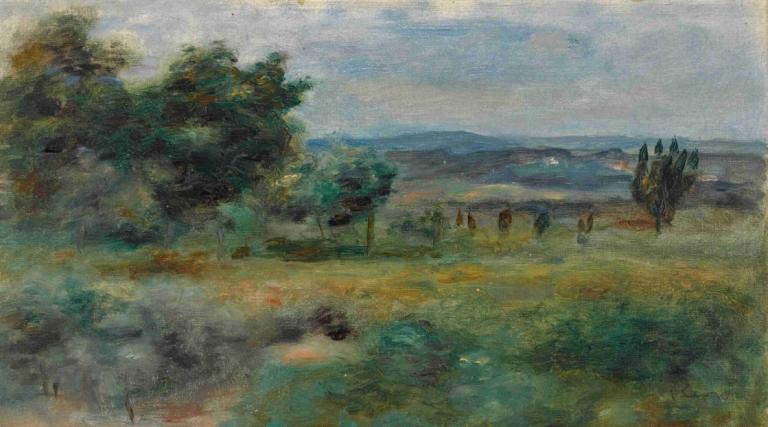 Paysage,Pierre-Auguste Renoir,Oil Painting,Oil Painting, tree, outdoors, no humans, scenery, horse