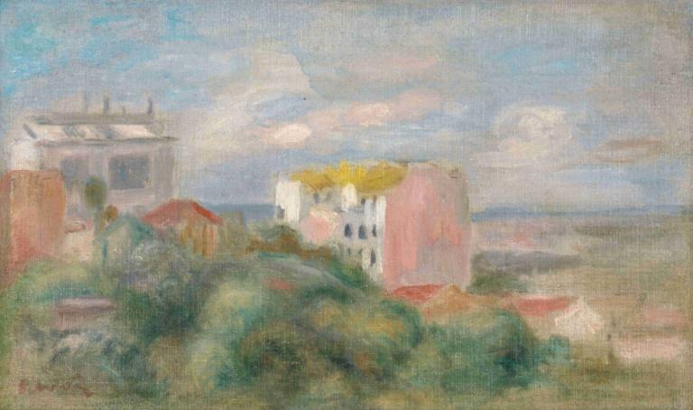 Paysage De Montmartre,몽마르뜨 풍경,Pierre-Auguste Renoir,피에르 오귀스트 르누아르,오일 페인팅,오일 페인팅, 구름, 옥외, 인간은 없어, 하늘, 경치, 잔디