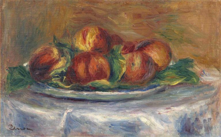 Peaches on a Plate,접시에 담은 복숭아,Pierre-Auguste Renoir,피에르 오귀스트 르누아르,오일 페인팅,오일 페인팅, 인간은 없어, 그릇, 음식, 음식 초점, 서명