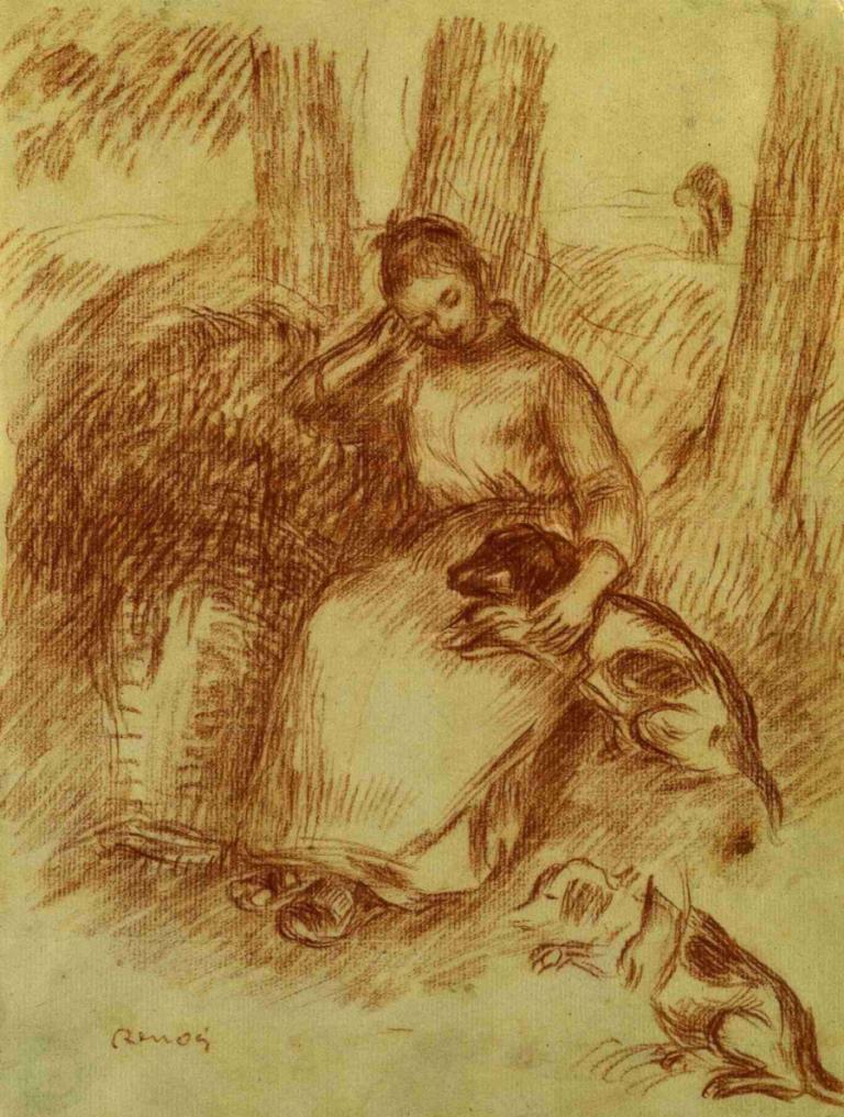 Peasant Girl with Dog,개와 농부 소녀,Pierre-Auguste Renoir,피에르 오귀스트 르누아르,스케치,스케치, 1남, 남성 집중, 단색화, 얼굴 털, 나무, 수염, 독주