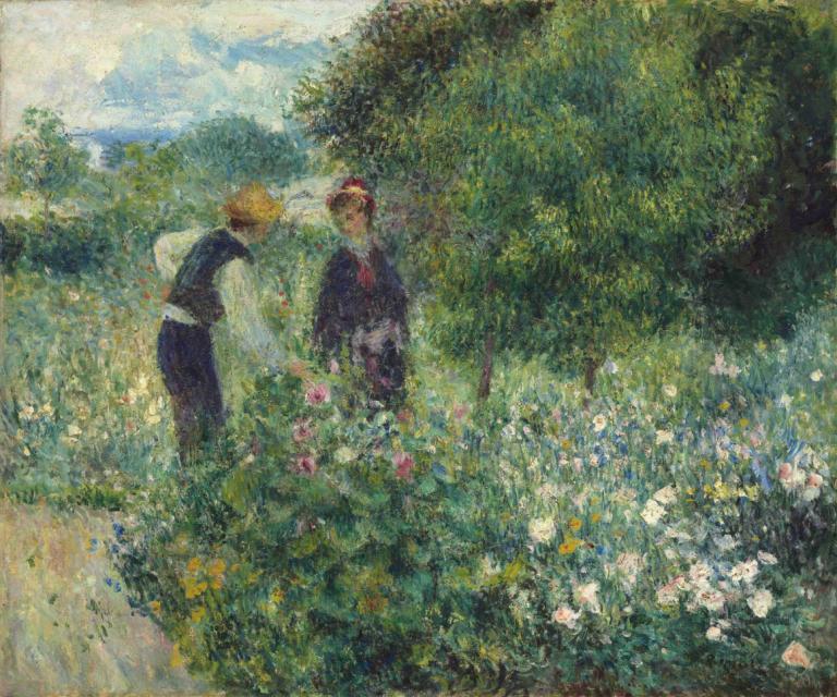 Picking Flowers,Pierre-Auguste Renoir,Oil Painting,Oil Painting, outdoors, flower, blonde hair, 1girl, 1boy