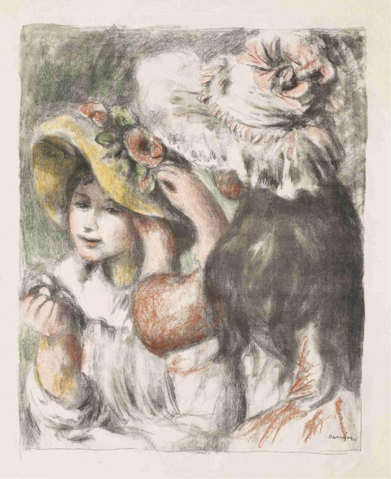 Pinning the Hat,모자 고정하기,Pierre-Auguste Renoir,피에르 오귀스트 르누아르,오일 페인팅,오일 페인팅, 모자, 여자 1명, 흑발, 전통 미디어, 1남