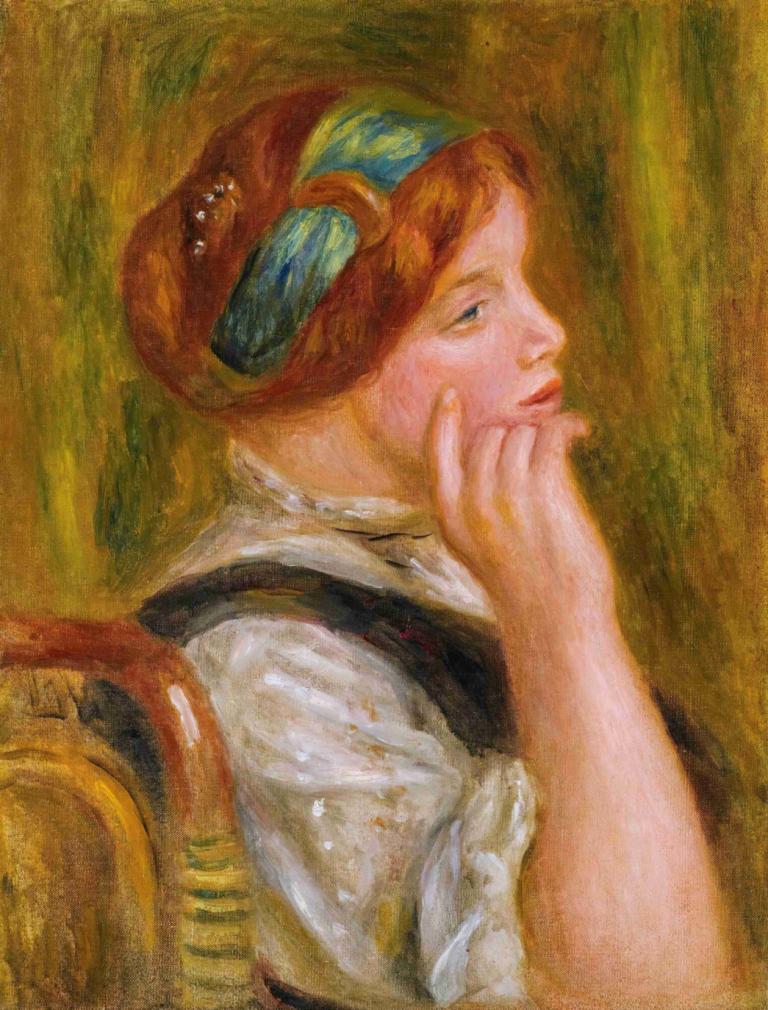 Portrait De Femme Au Bandeau Vert,戴绿色头巾的女子肖像,Pierre-Auguste Renoir,皮埃尔-奥古斯特-雷诺阿,油画,油画, 1个女孩, 独奏, 传统媒体, 实际的