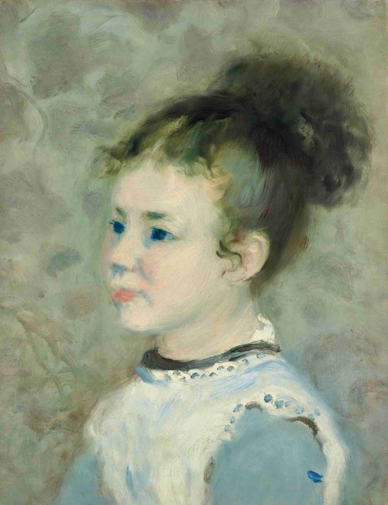 Portrait De Jeanne Sisley,让娜-西斯莱肖像,Pierre-Auguste Renoir,皮埃尔-奥古斯特-雷诺阿,油画,油画, 1个女孩, 独奏, 蓝眼睛, 黑发, 传统媒体, 发髻, 上半身