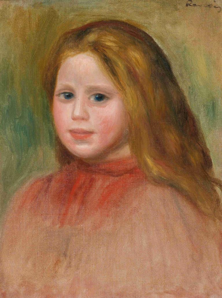 Portrait De Jeune Fille,少女肖像,Pierre-Auguste Renoir,皮埃尔-奥古斯特-雷诺阿,油画,油画, 1个女孩, 独奏, 金头发, 蓝眼睛, 长发, 发带, 实际的, 传统媒体