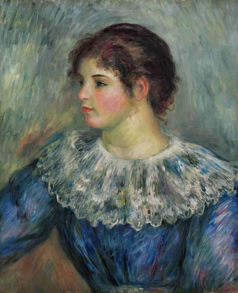 Portrait En Buste De Jeune Fille,少女胸像,Pierre-Auguste Renoir,皮埃尔-奥古斯特-雷诺阿,油画,油画, 1个女孩, 独奏, 棕色的头发, 传统媒体, 裙子