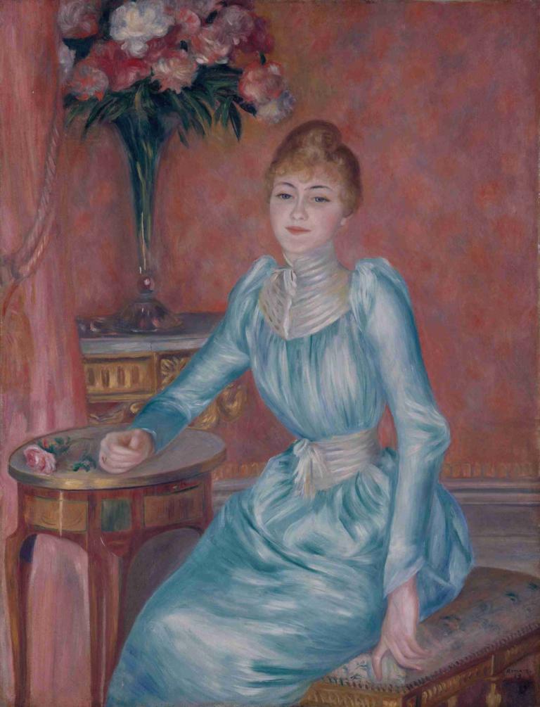 Portrait de Madame de Bonnières,波尼耶夫人肖像,Pierre-Auguste Renoir,皮埃尔-奥古斯特-雷诺阿,油画,油画, 1个女孩, 花, 裙子, 独奏, 金头发, 花瓶